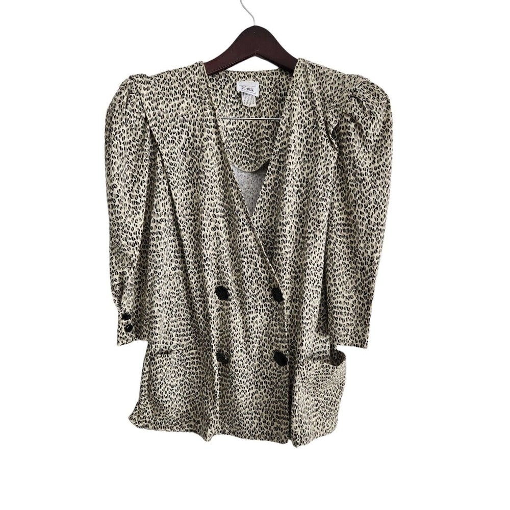 Vintage Kwai Blazer Jacket Women Size 8 Double Breasted Animal Print Lapelless‎